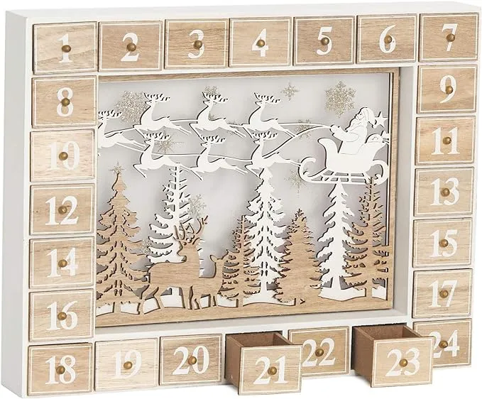 BRUBAKER Advent Calendar - Wooden Forest - White Nature Scene with LED Lighting