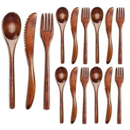 15 Pcs Wooden Spoon Fork Knife Cutlery Set Wooden Dinner Utensil Set Kitchen Wooden Flatware Tableware Cutlery Set