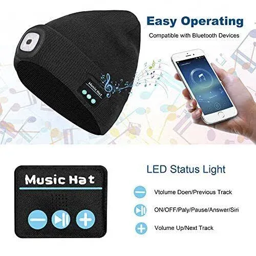 Bluetooth Beanie With Light, Musical Knit Hat With Headphones And