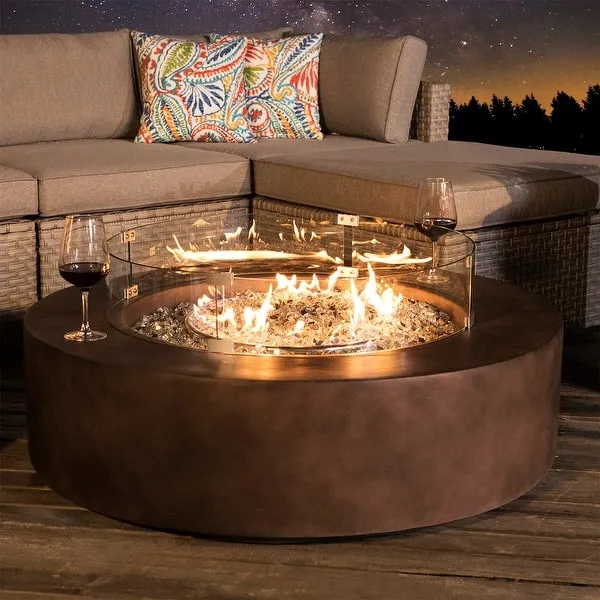 COSIEST Outdoor Round Propane Fire Pit w Wind Guard and Fire Glass