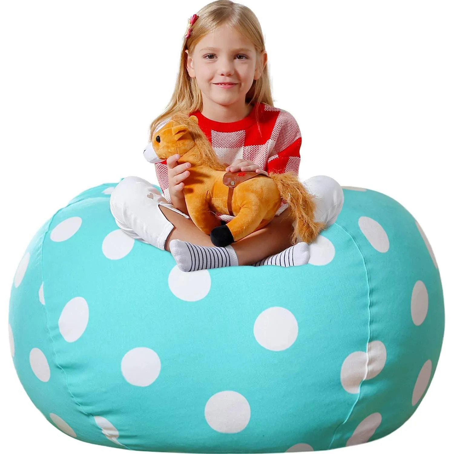 Aubliss Stuffed Animal Bean Bag Storage Chair, Beanbag Covers Only for Organizing Plush Toys, Turns into Bean Bag Seat for Kids When Filled, Large 38"-Canvas Dot Light aqua