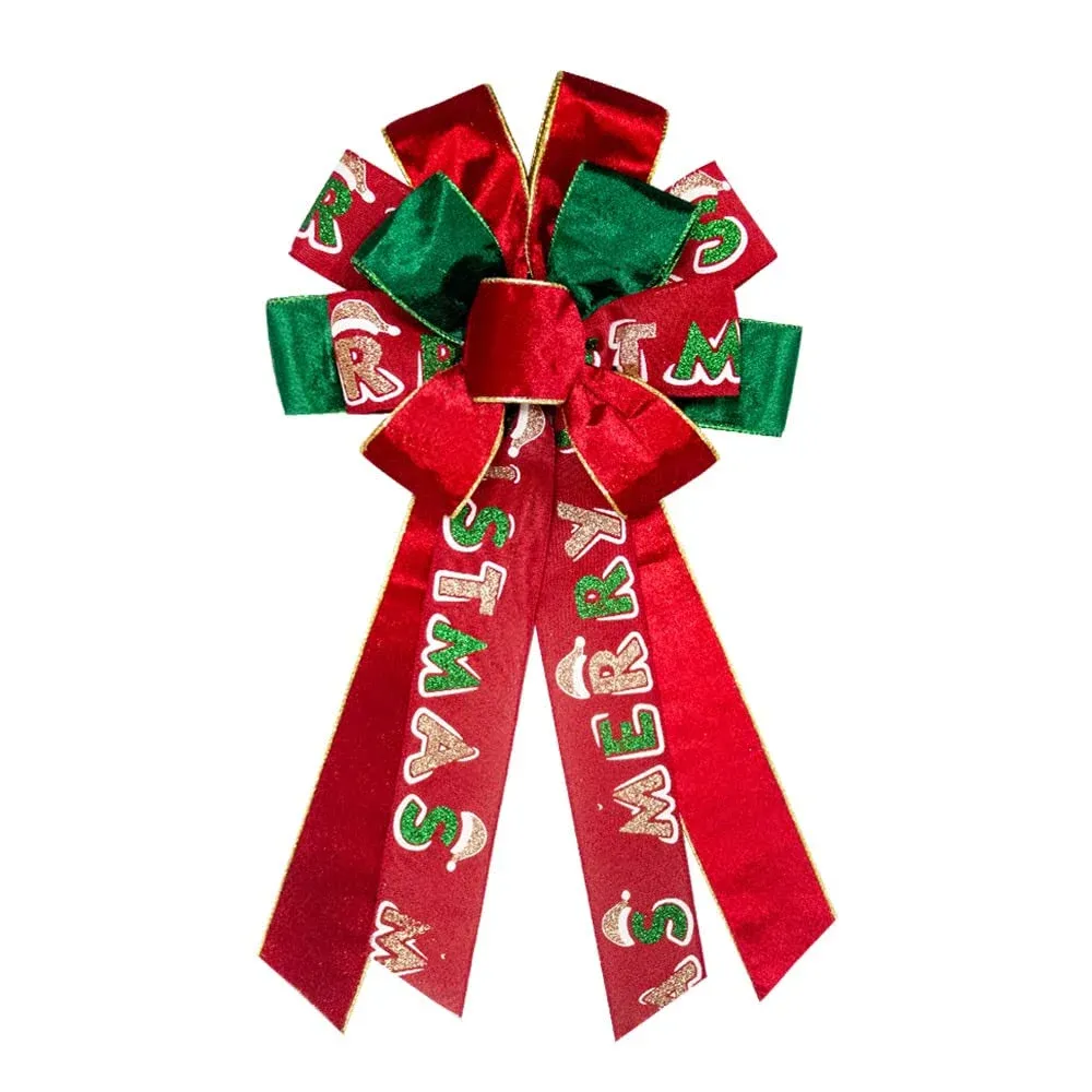 ABTOLS Large Merry Christmas Bow for Wreath, Red Green Velvet Buffalo Christmas Wreath Bows for Front Door, Glitter Decorative Winter Christmas Bows for Indoor Outdoor Xmas Decorations