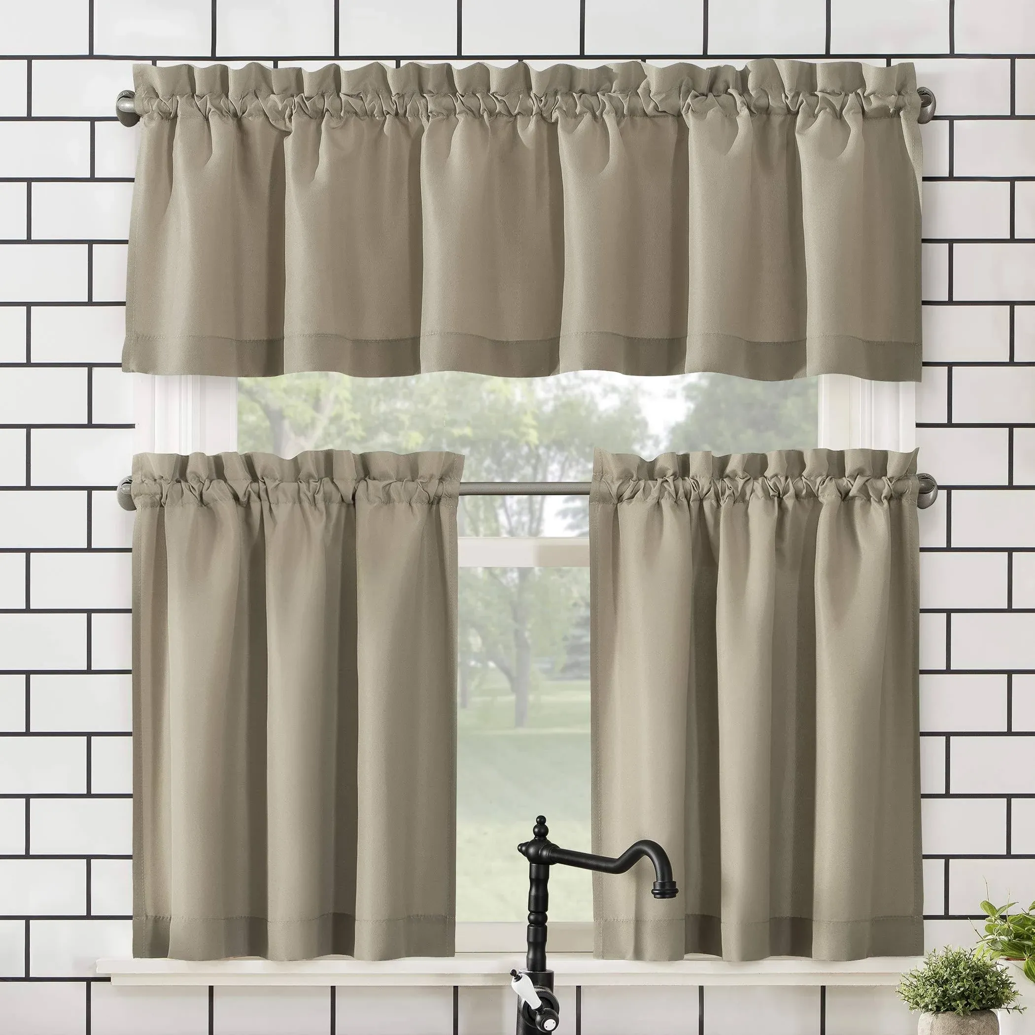 No. 918 Martine Microfiber Semi-Sheer Rod Pocket Kitchen Curtain Valance and Tiers Set - Taupe - 54" x 24"