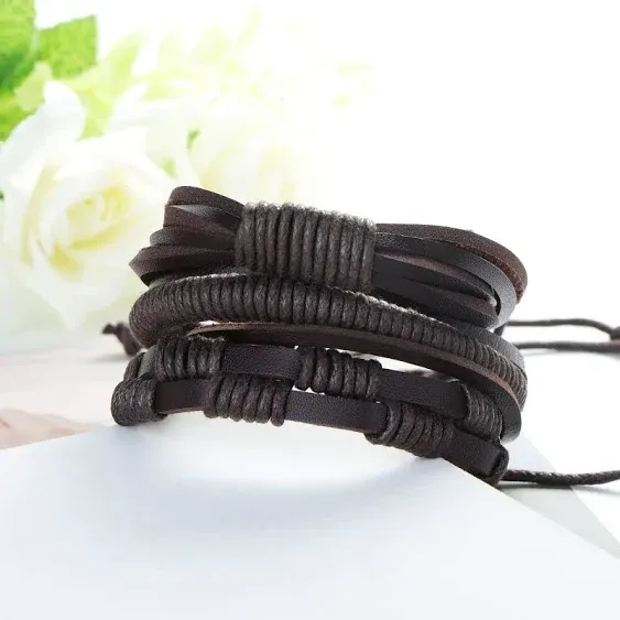 18pcs Adjustable Braided Leather Bracelet with Wood Beads