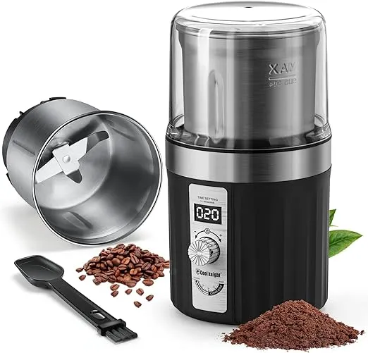 COOL KNIGHT Adjustable Coffee Grinder Electric, with Timing Setting and Removable Stainless Steel Bowl, Herb Spice Grinder Great for Coffee Bean, Spices and Herbs - 7.6"