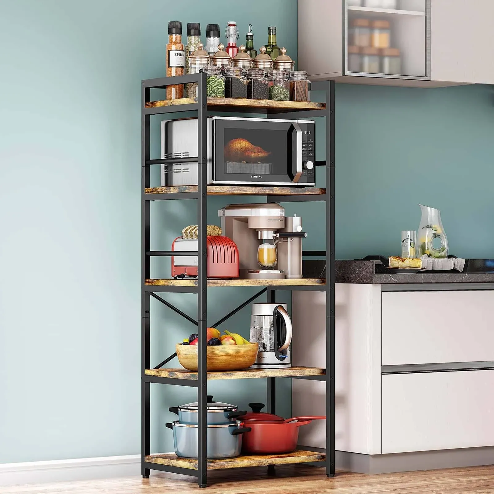 Denkee Kitchen Baker’s Rack with Storage, Industrial 5-Tier Microwave Oven Stand Shelf, Free Standing Kitchen Storage Shelf Rack (23.62 L x 15.75 W x 60.24 H, Rustic Brown)