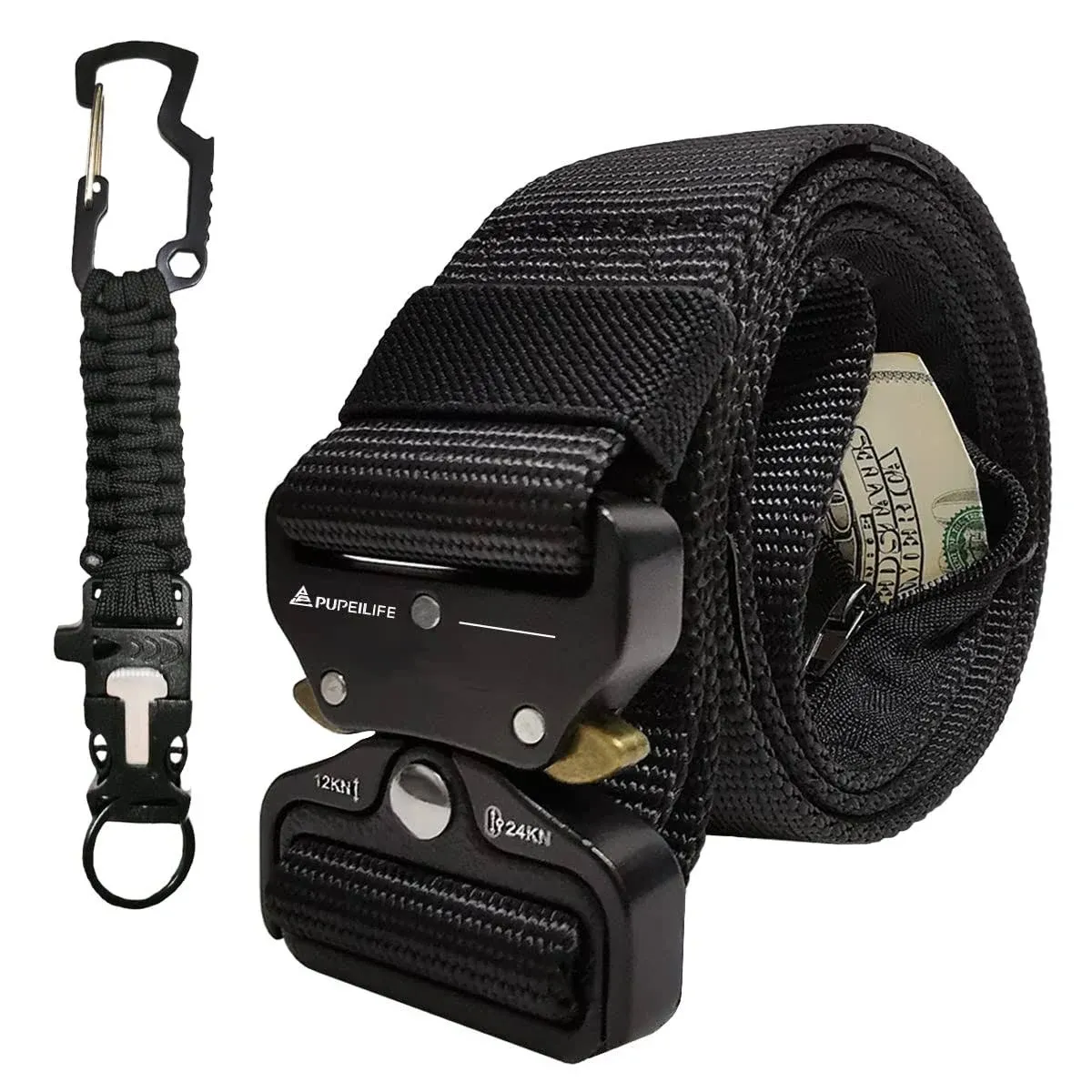 PUPEILIFE Tactical Style Travel Money Belts - Hidden Pocket Concealed Zipper Nylon Belt for Man Waist Below 42 Inches Included EDC Paracord Keychain 2