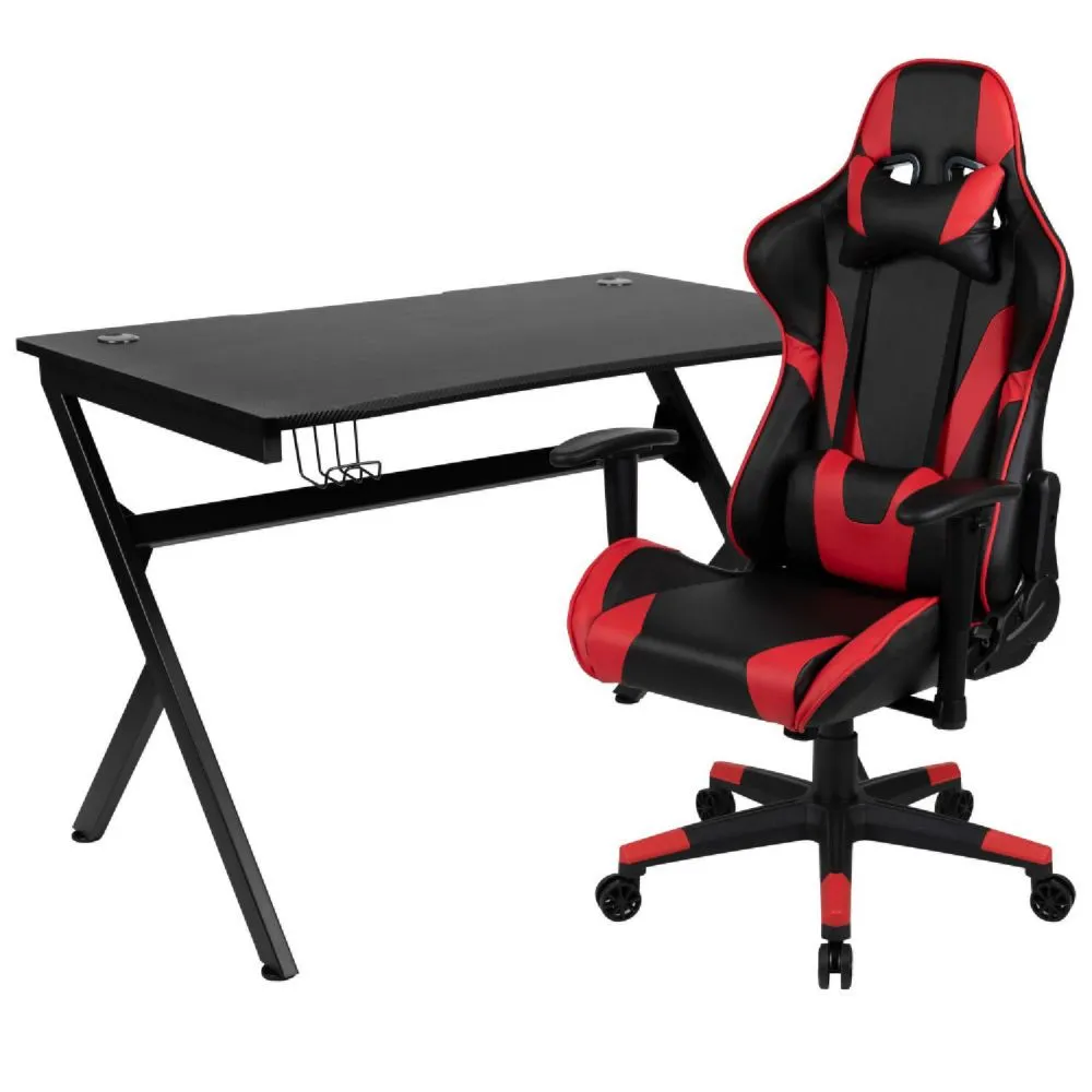 Emma + Oliver Gaming Bundle-Desk, Cup Holder/Headphone Hook & Red Reclining Chair