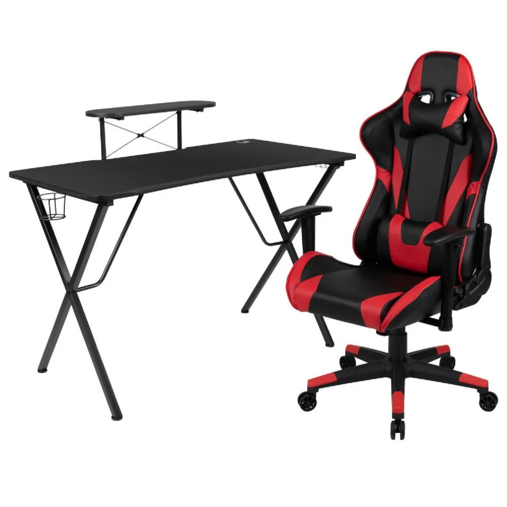 Emma + Oliver Black Gaming Desk & Chair Set with Headphone Hook, and Monitor Stand