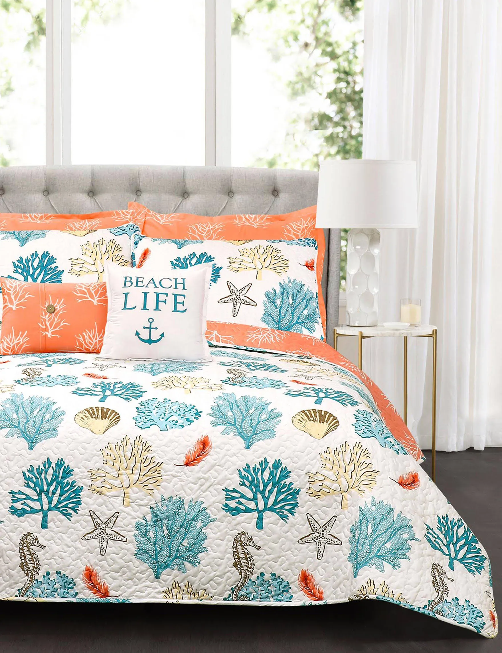 Lush Decor Coastal Reef Feather Quilt Set Blue Full/Queen