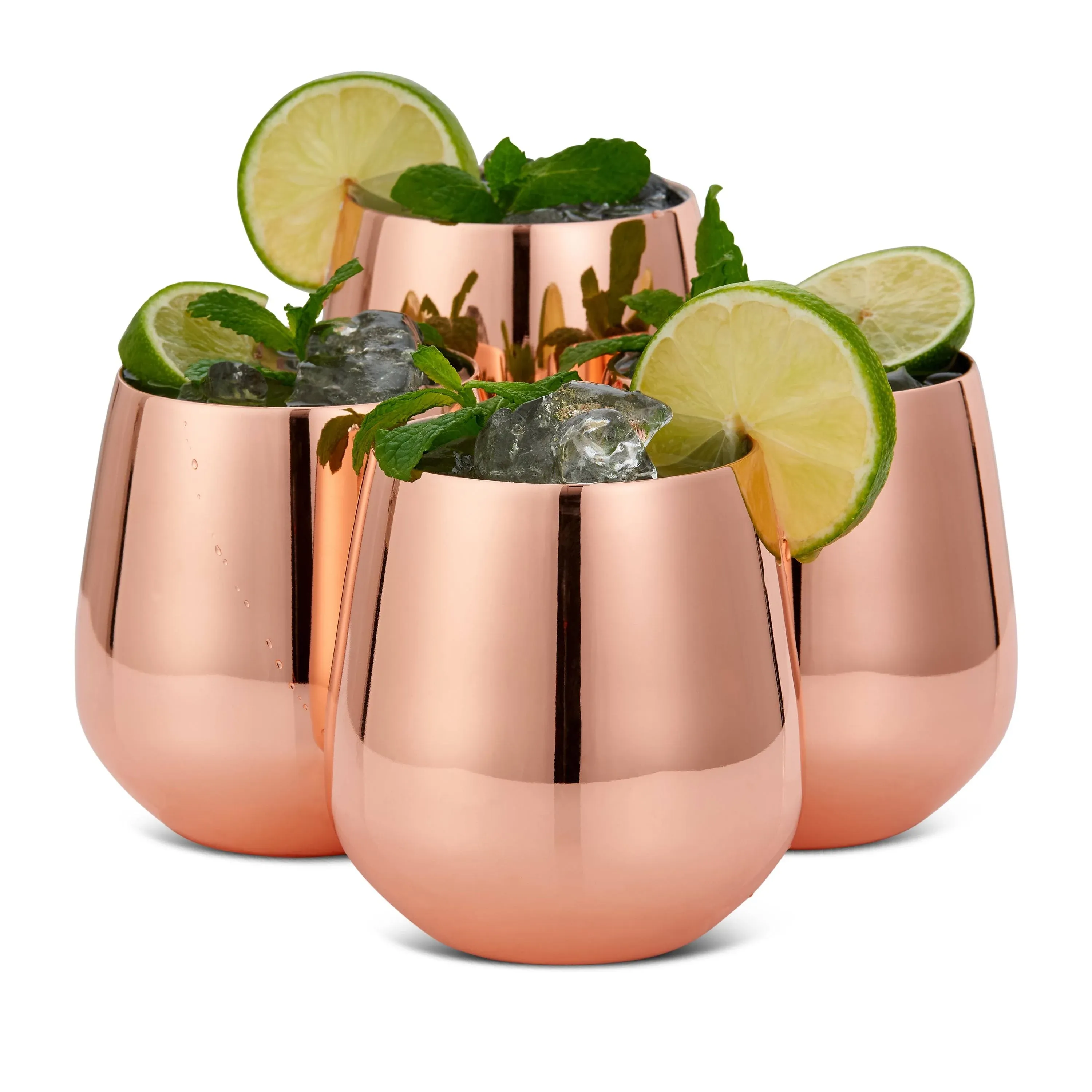 Oak &amp;amp; Steel - 4 Stainless Steel Rose Gold Stemless Wine Glasses &amp;amp; Straws - 350ml