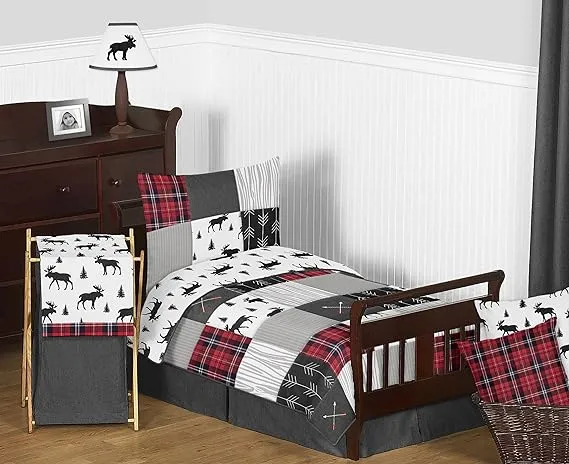 Sweet Jojo Designs Grey, Black and Red Woodland Plaid and Arrow Rustic Patch Boy Toddler Kid Childrens Bedding Set - 5 Pieces Comforter, Sham and