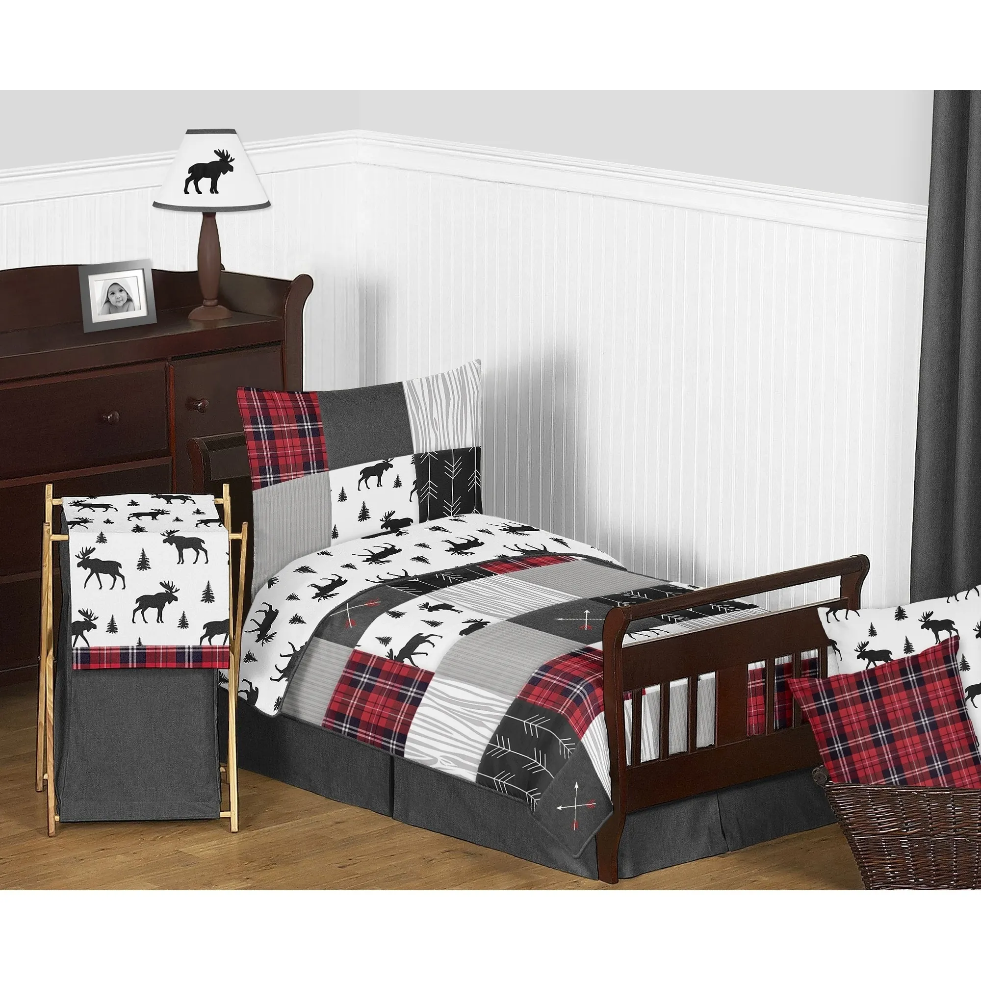 Sweet Jojo Designs Grey Black Red Woodland Plaid and Arrow Rustic Patch Collection Boy 5pc Toddler-size Comforter Set