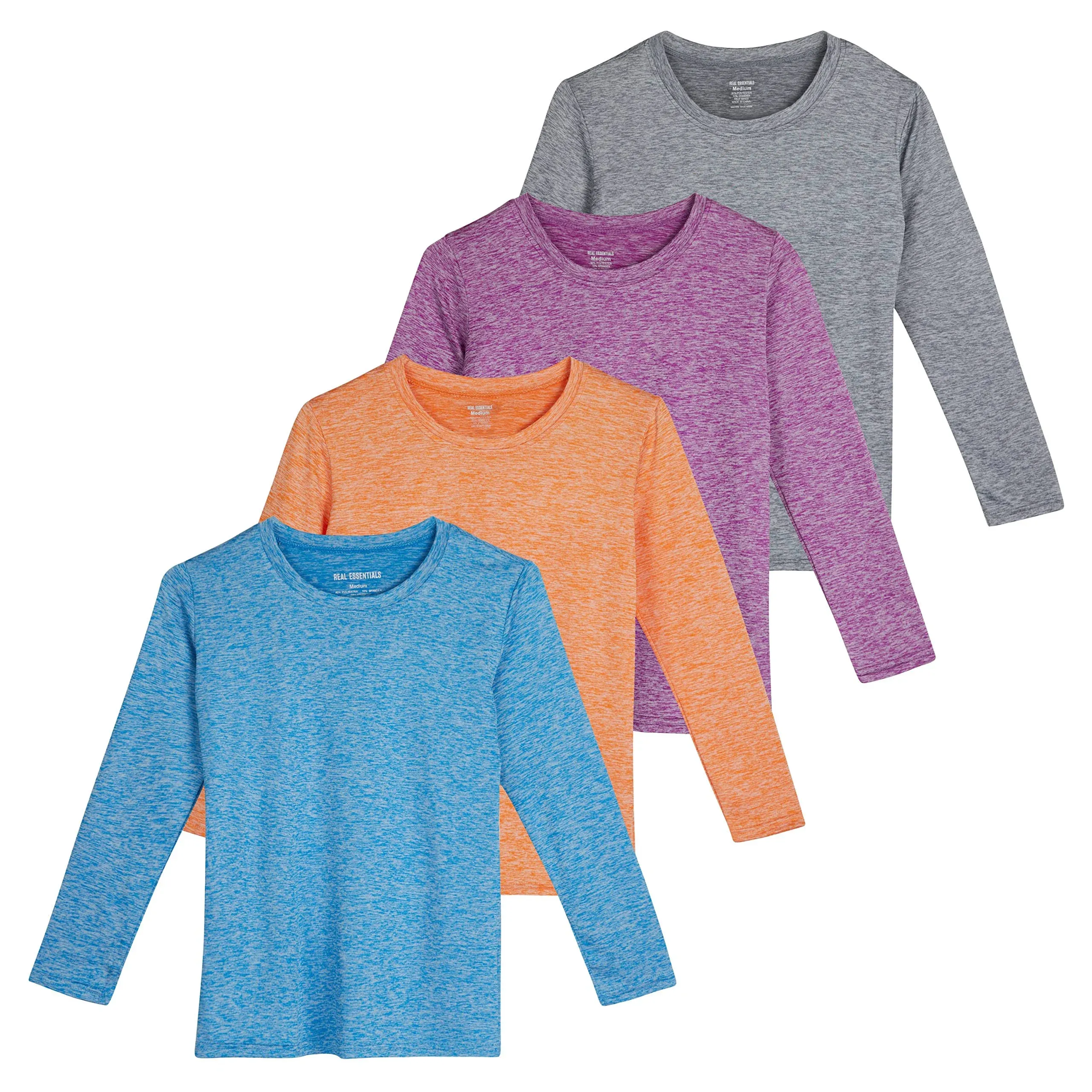 Real Essentials 4 Pack: Girls Dry-Fit Long Sleeve Active Crew Neck T-Shirt - Super Soft Tee