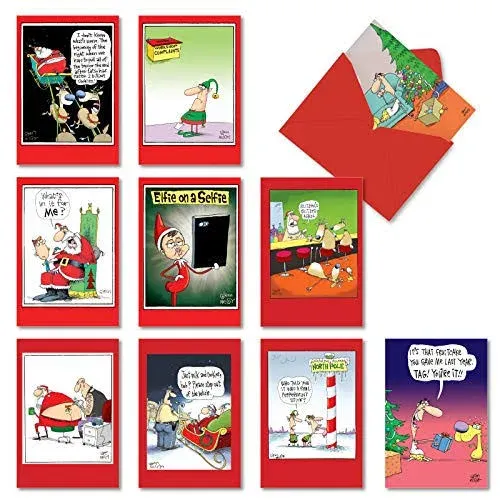 10 Assorted  Set Funny Christmas Greeting Cards - No Complaints - Humor Yuletide Comics with Santa, Reindeer, and Elves