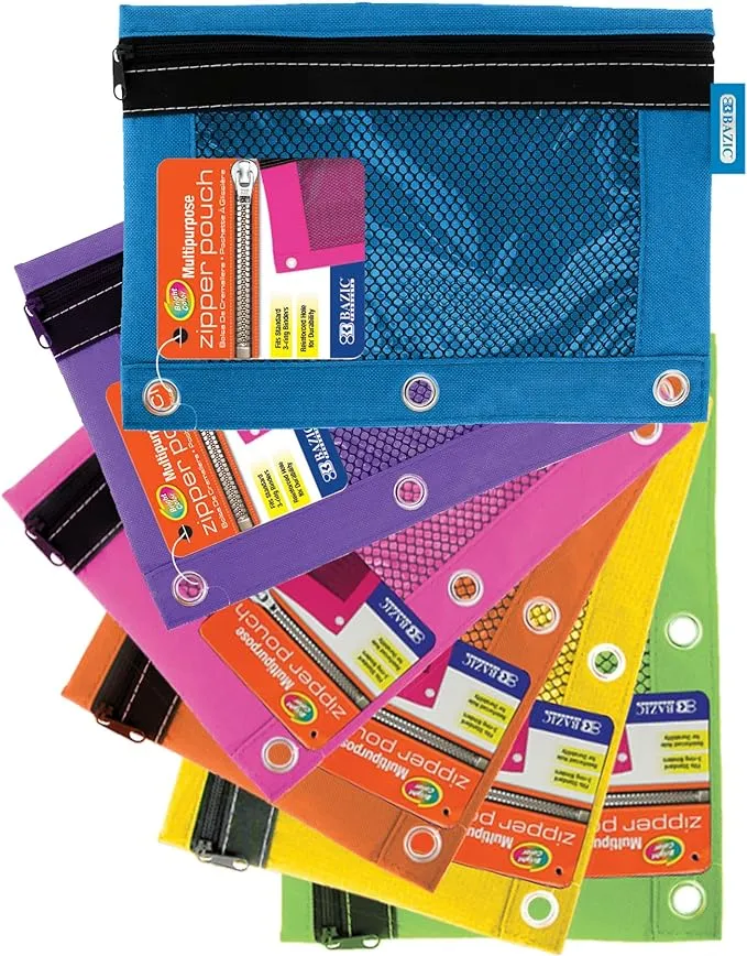  1 X 3-Ring Pencil Pouch w/ Mesh Window, Assorted Colors, School Office Supply