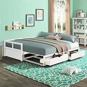 Hanway Twin Daybed with Two Drawers - White Solid Pine Wood Material - Extendable to King Size Bed Frame with Extra Storage Drawers – Elegant