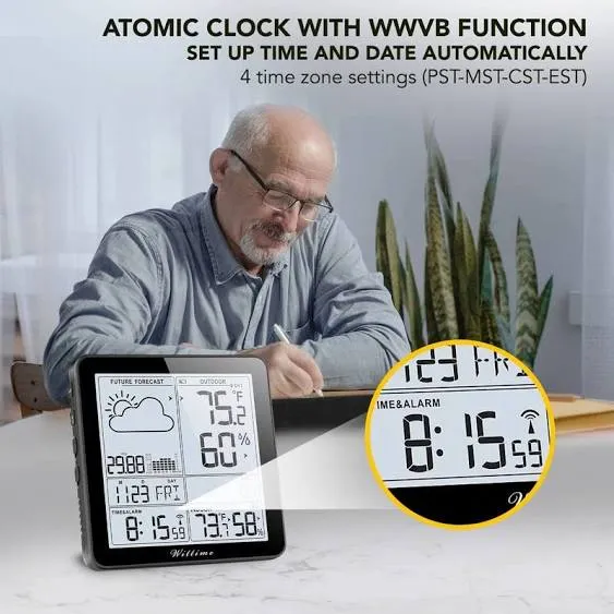 Wittime 2180 Weather Station with Atomic Clock Indoor Outdoor Thermometer Wireless Wireless Temperature and Humidity Monitor Inside Outside with Sensor Battery Powered