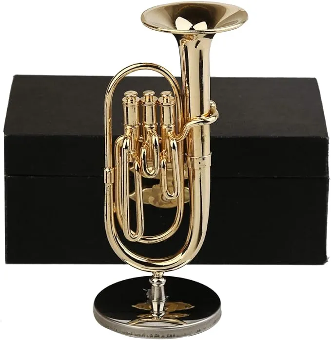 Dselvgvu Copper Miniature Baritone Horn with Stand and Case Mini Musical Instrument Miniature Replica Dollhouse Model Mini Baritone Horn Miniature Tuba Home Ornament (3.94"x1.42" Baritone Horn)