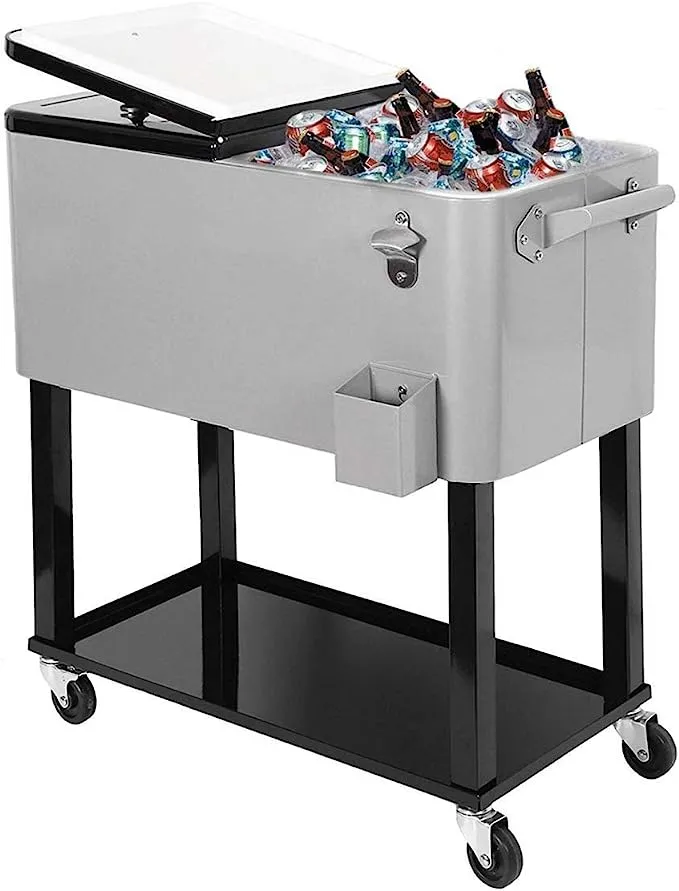 80 Quart Qt Rolling Cooler Ice Chest for Outdoor Patio Deck Party, Grey, Portabl