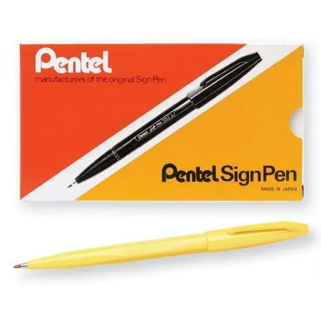 Pentel Sign Pen Fiber-Tipped Pen Yellow Ink Box of 12 (S520-G)