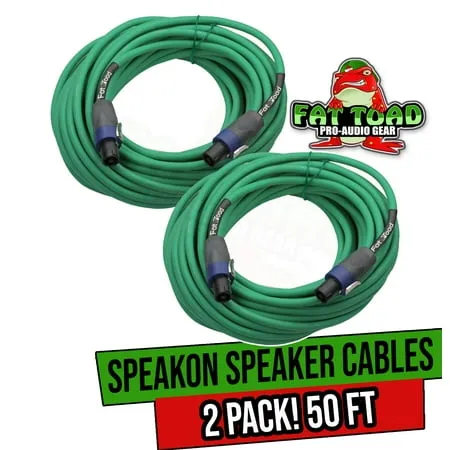 Fat Toad Speakon Cables (2 Pack) - 50 ft Professional Pro Audio Green Speaker PA Cord with Twist Lock Connector - 12 AWG Wire for Impeccable Studio Recording & Stage Performance Gear