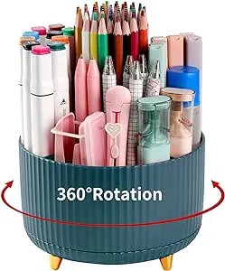 Desk Pencil Pen Holder, 5 Slots 360°Degree Rotating Pen Organizers for Desk, Desktop Storage Stationery Supplies Organizer, Cute Pencil Cup Pot for Office, School, Home, Art Supply, Dark Green