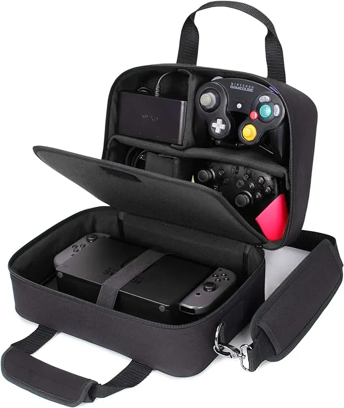 USA GEAR Carrying Case Compatible with Nintendo Switch, Gamecube Controller, Adapter, Pro-Controller, and More Gaming Accessories - Customizable Interior, Shoulder Strap, and Padded Interior - Black