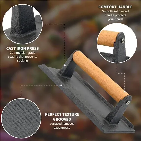 Alpine Cuisine Grill Press Cast Iron - 8x4.5in - Pre Seasoned with Wood Handle