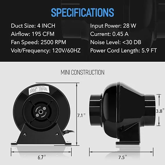 iPower 4 Inch 195 CFM Inline Fan Circulation Vent Blower, Air Carbon Filter, 8 Feet Ducting, Speed Controller and 1-Pair Rope Combo for Grow Tent Ventilation, Low noise