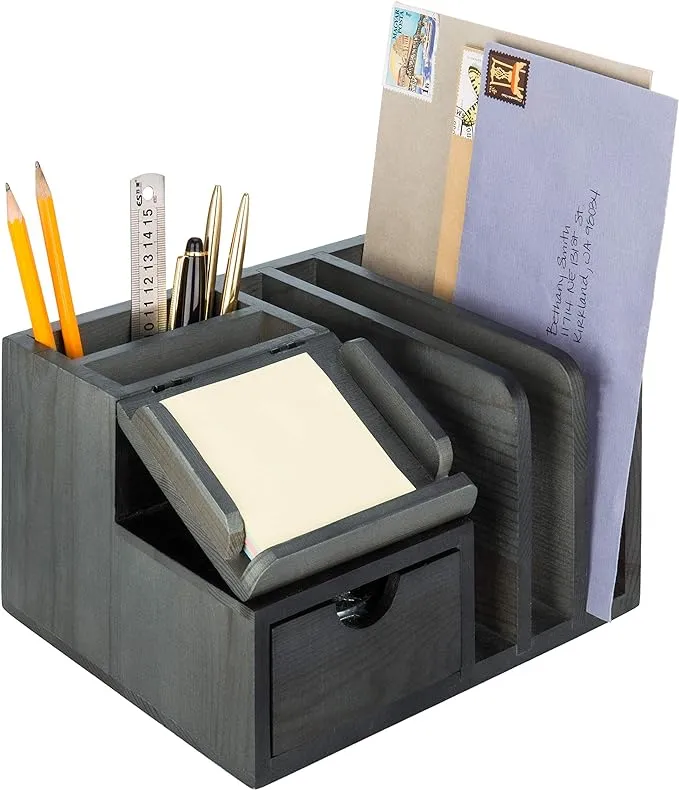 Gray Wood Desktop Office Organizer w/Sticky Note Pad Holder, Mail Sorter, Drawer