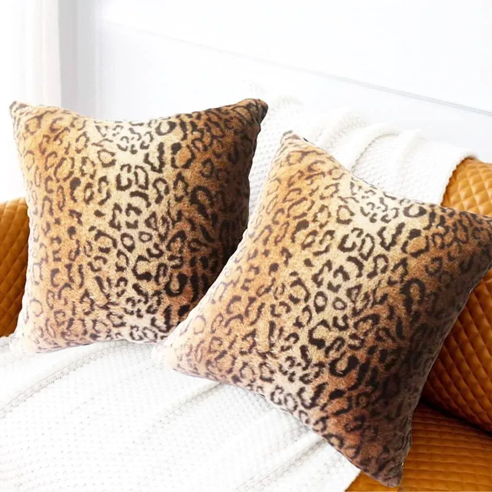 Entua Set of 2 Wild Animal Leopard Skin Print Faux Fur 20x20 Throw Pillow Cov...