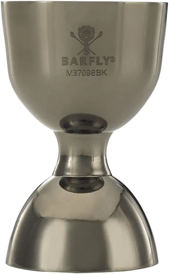 Barfly(R) Straight Rim Jigger, 25 and 50 ml (0.67 and 1.69 oz.), heavy duty, one-piece, with internal marking lines, 18/8 stainless steel, gun metal black finish