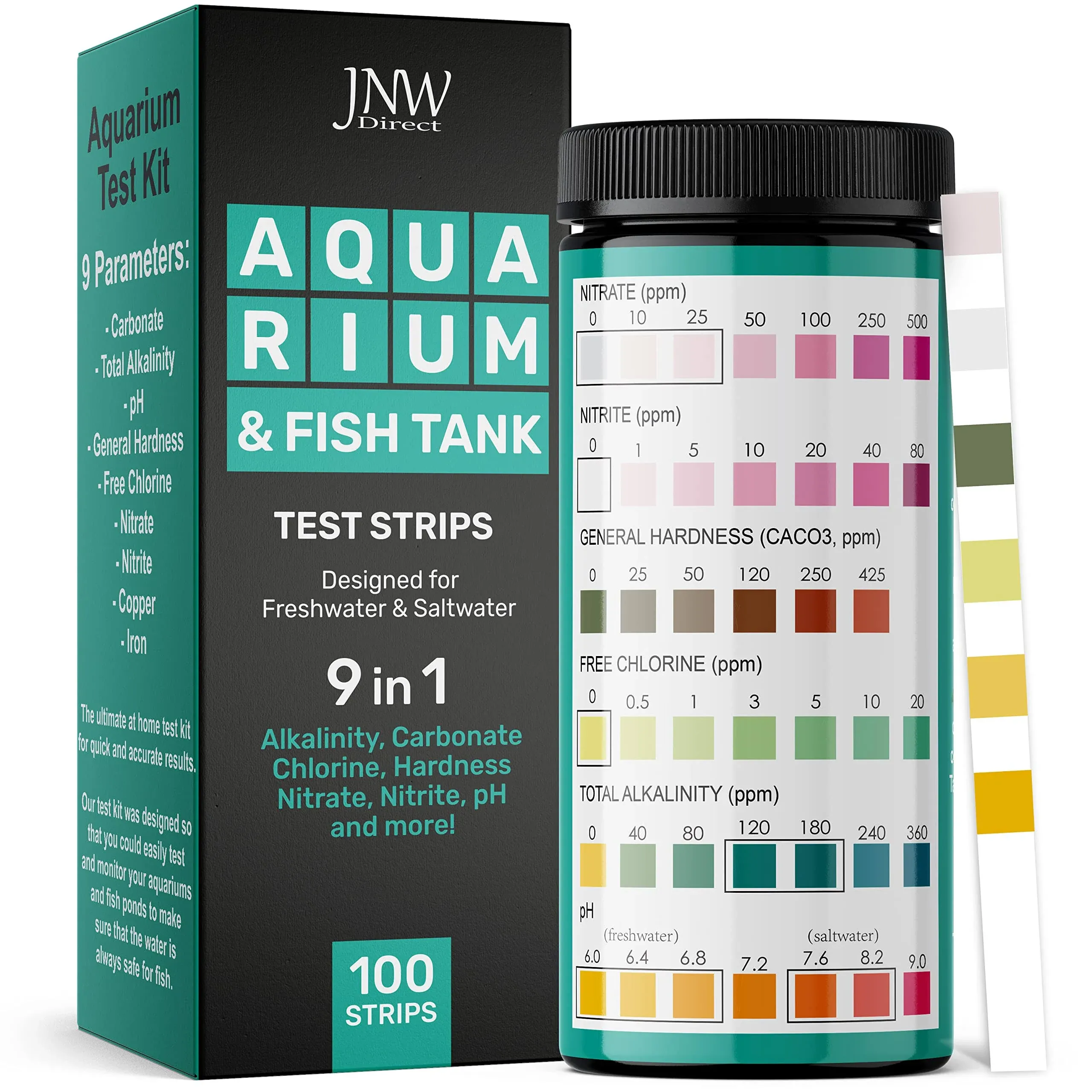 JNW Direct Aquarium Test Strips - 9-in-1 Aquarium Test Kit with eBook - Aquarium Water Test Kit with Quick and Accurate Fish Tank Test Strips - 100 Test Strips