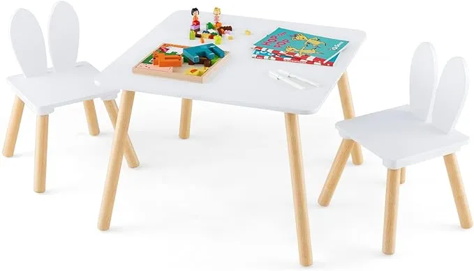 Costzon Kids Table and Chair Set, 3 Pieces Wooden Activity Play Table & 2 Cute Rabbit