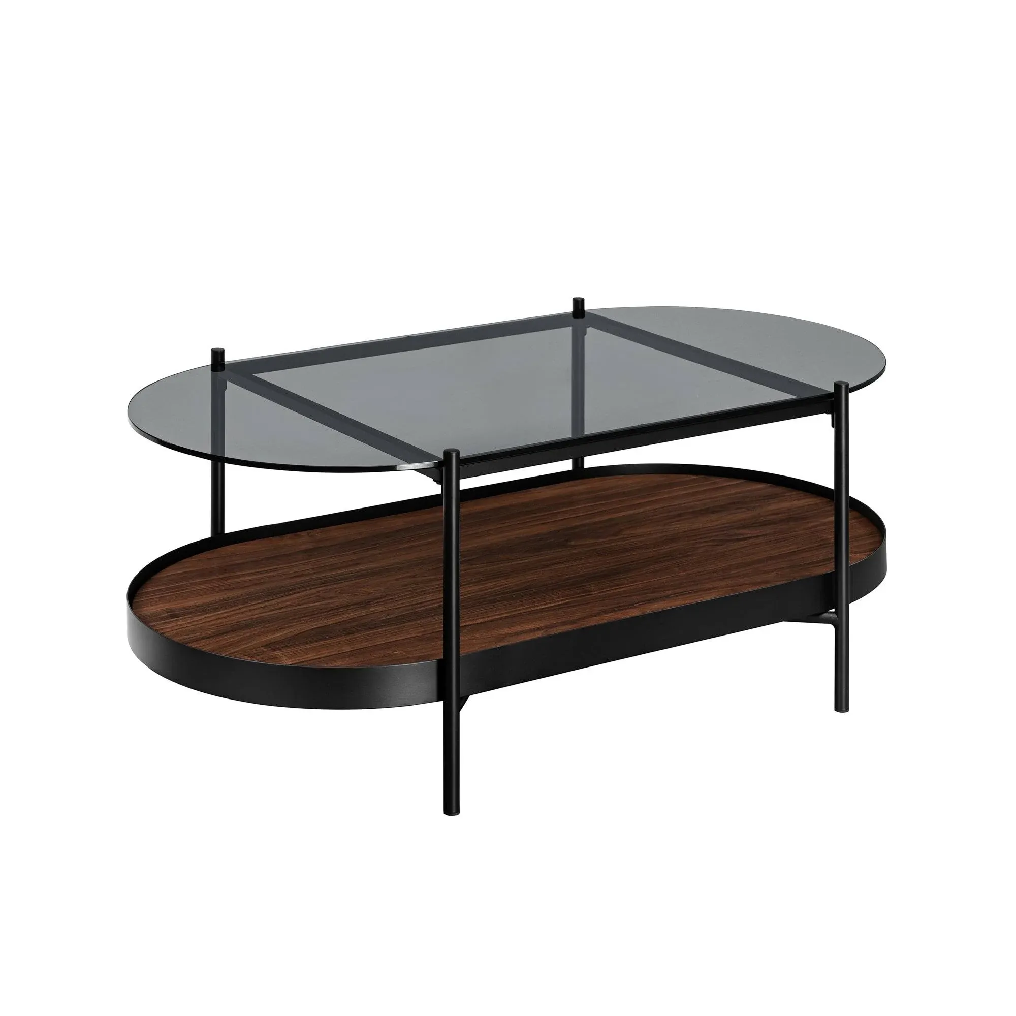 Walker Edison Bowen Contemporary Two-Tier Glass-Top Oval Coffee Table, 43 Inch, Black/Dark Walnut