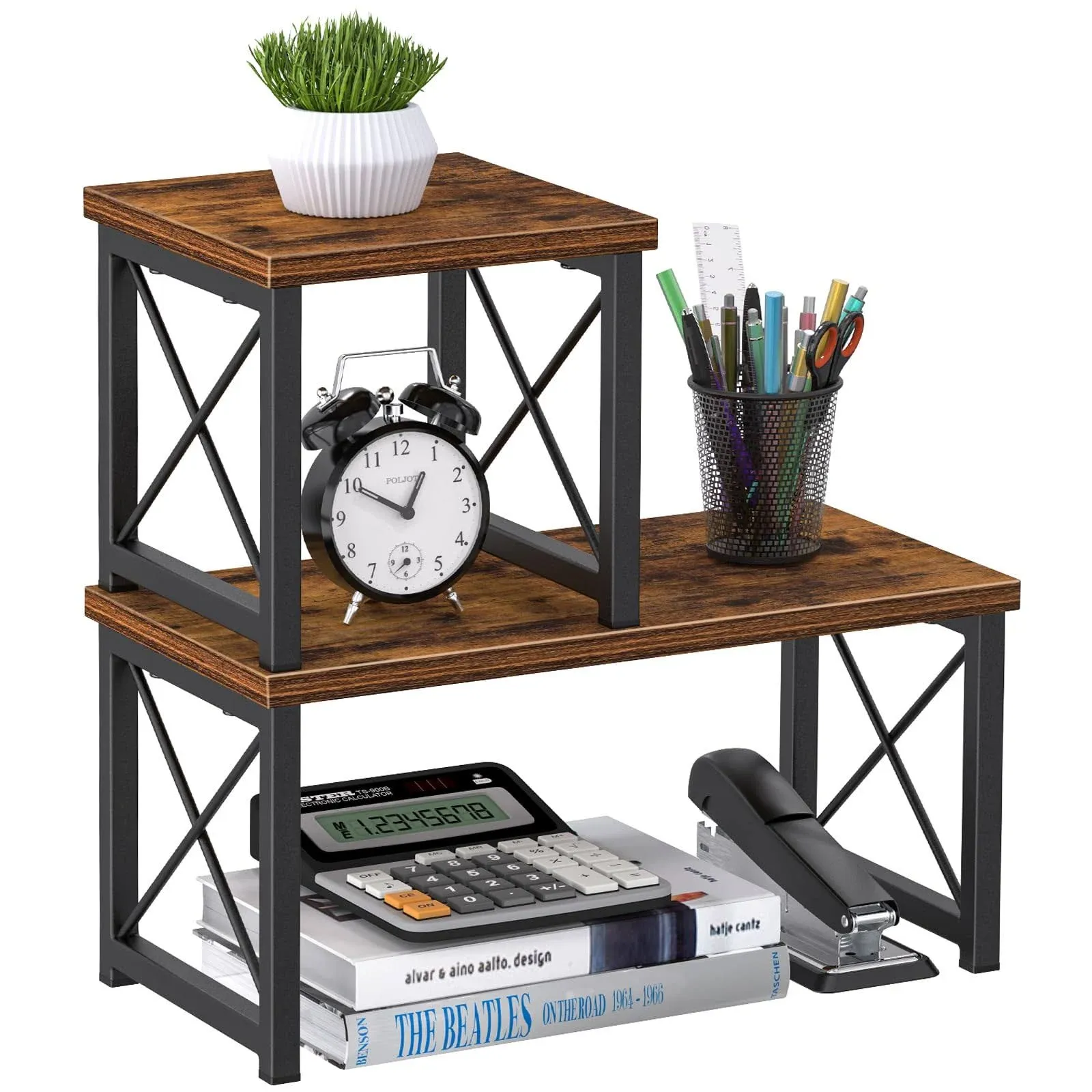 Honiter Wood Desktop Shelf, Freestanding Small Bookshelf Desk Supplies Organizers ...