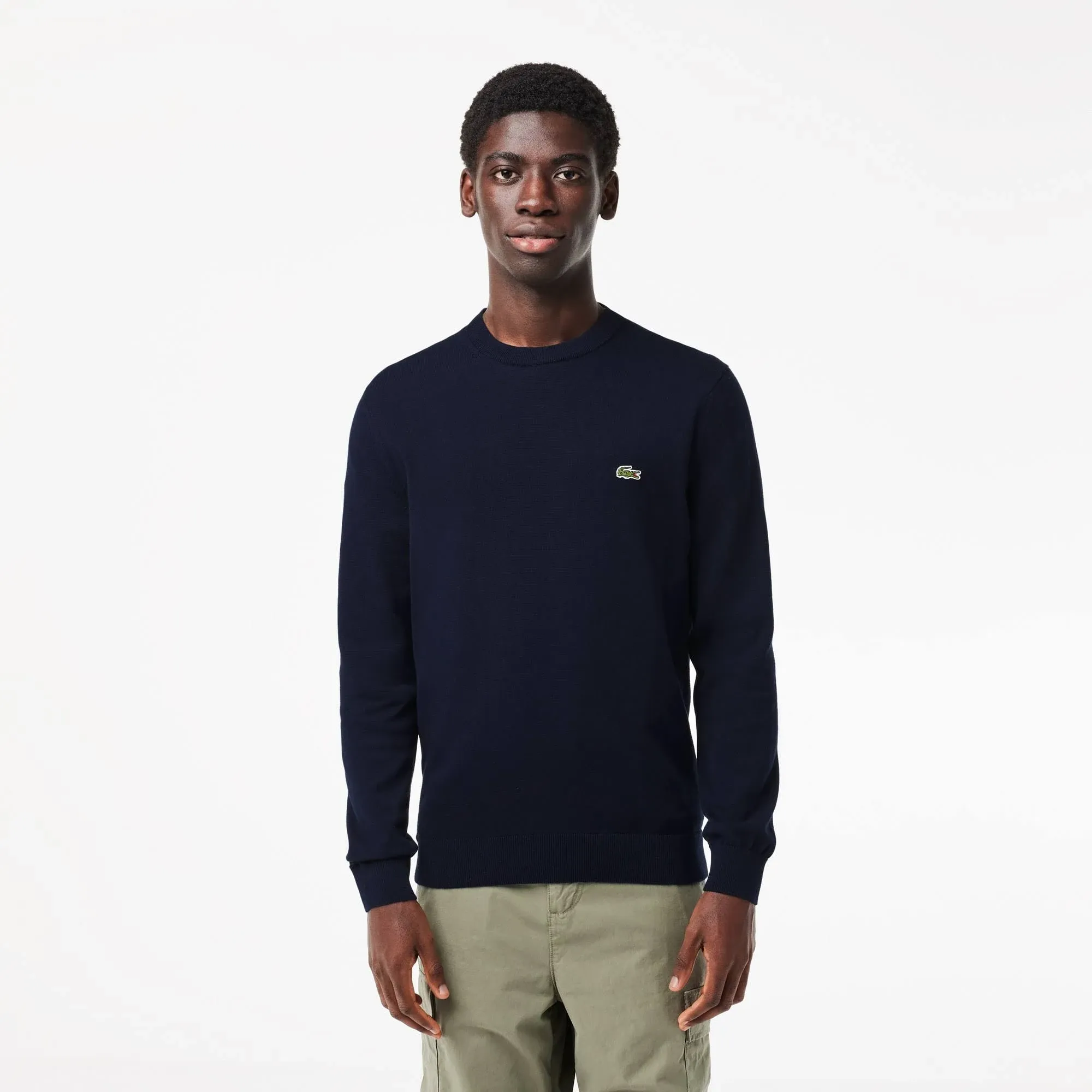 Lacoste Solid Cotton Jersey Crewneck Sweater in Navy Blue