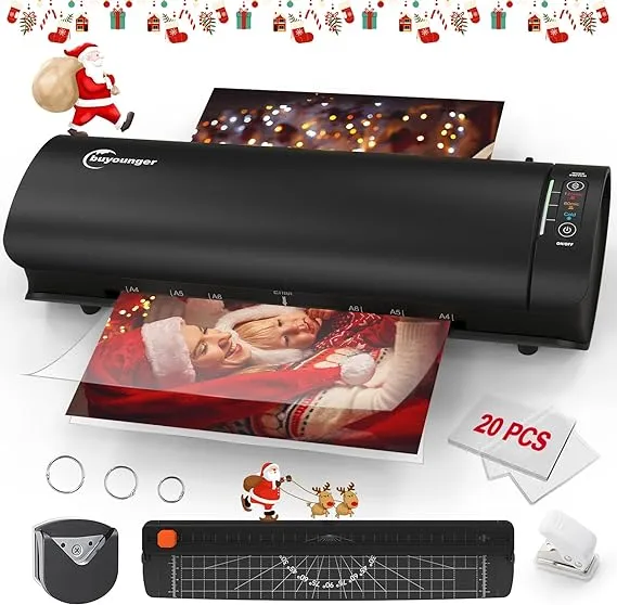 Buyounger Laminator, Laminator Machine with Laminating Sheets & 60s Warm Up, 6 in 1 Hot & Cold A4 Laminating Machine, 9-Inch Personal Thermal Laminator with 20 Pouches for Home School Office