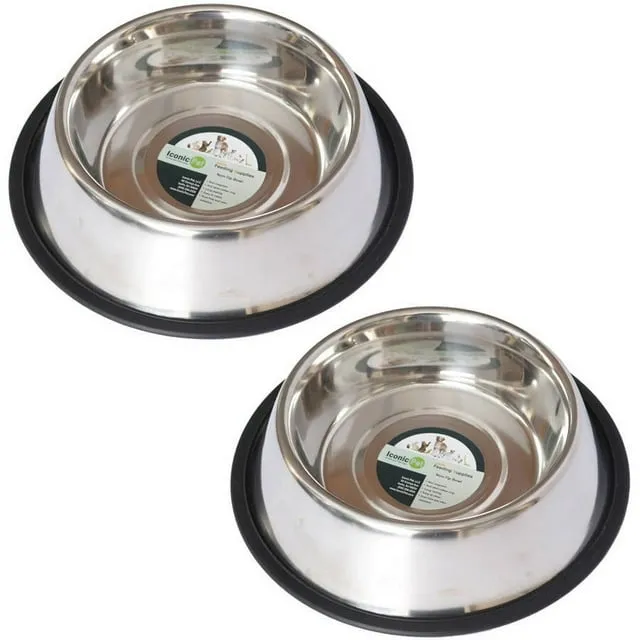 Iconic Pet 51411 2 Pack Stainless Steel Non-Skid Pet Bowl for Dog or Cat - 8oz - 1 Cup