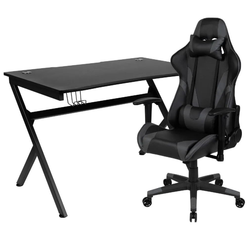 Emma + Oliver Gaming Bundle-Desk, Cup Holder/Headphone Hook & Gray Reclining Chair