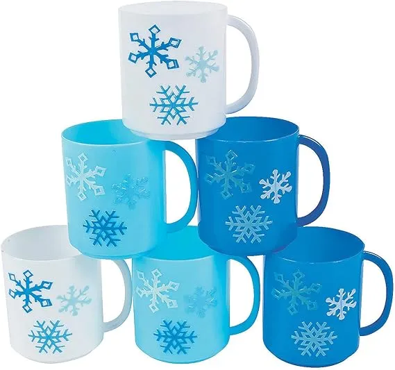 Fun Express Set of 12 Pieces Plastic Winter Mugs, Holds 6 oz, BPA Free Plastic, Christmas Party Supplies, Multi-Color