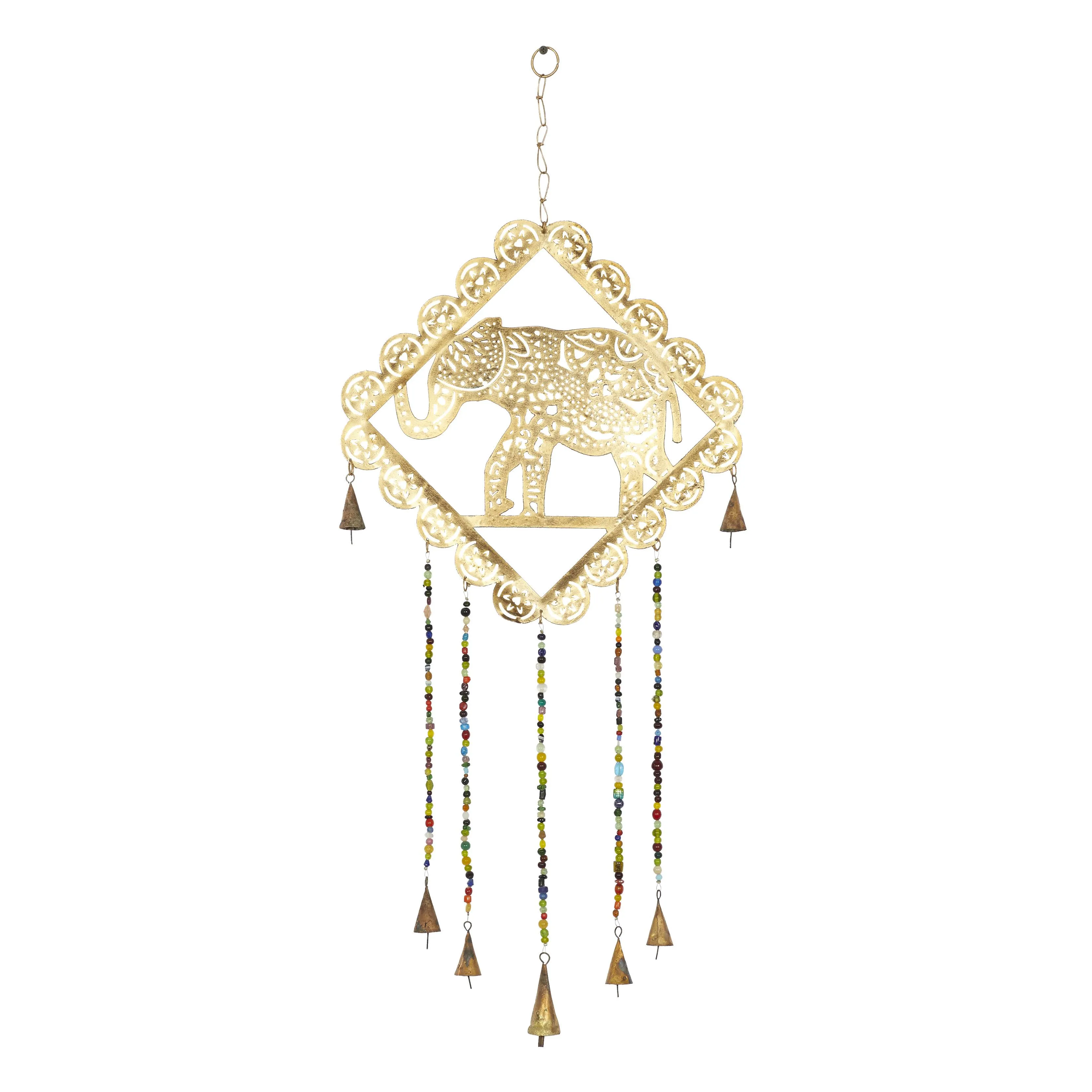 Deco 79 Metal Elephant Indoor Outdoor Windchime with Glass Beads and Cone Bells, 14" x 1" x 29", Gold