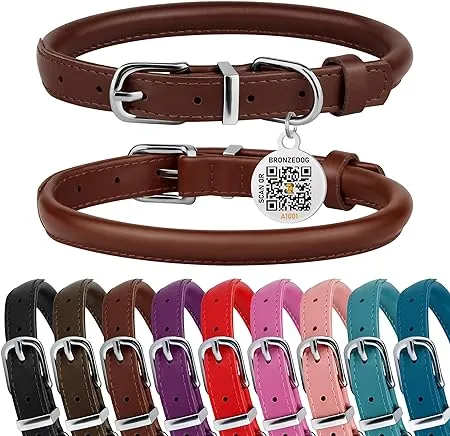 BRONZEDOG Rolled Leather Dog Collar with QR ID Dog Tag Round Personalized Pet ...