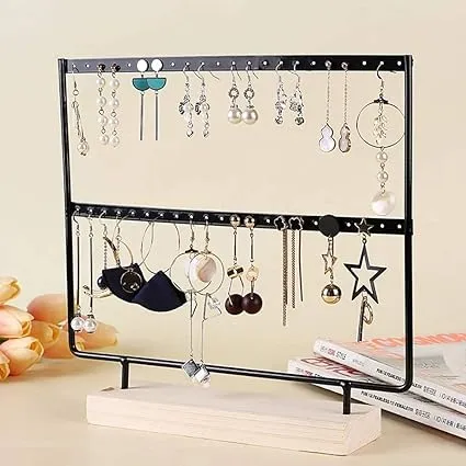 lemonadeus Earrings Organizer Jewelry Display Wood Stand (44 Holes 2 Layers) (Black)