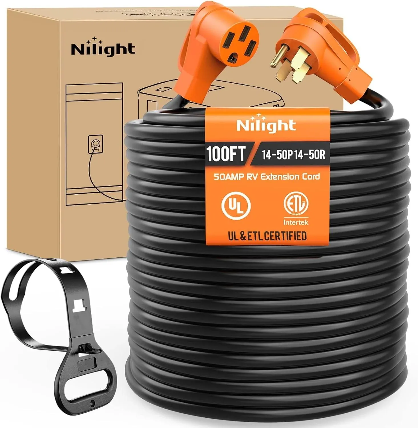 Nilight 50 Amp100FT RV EV Extension Cord 250V Heavy Duty 6/3+8/1 Gauge Pure Copper STW Wire UL ETL Listed 4 Prong 14-50P 14-50R 50F/50M Cable Suit