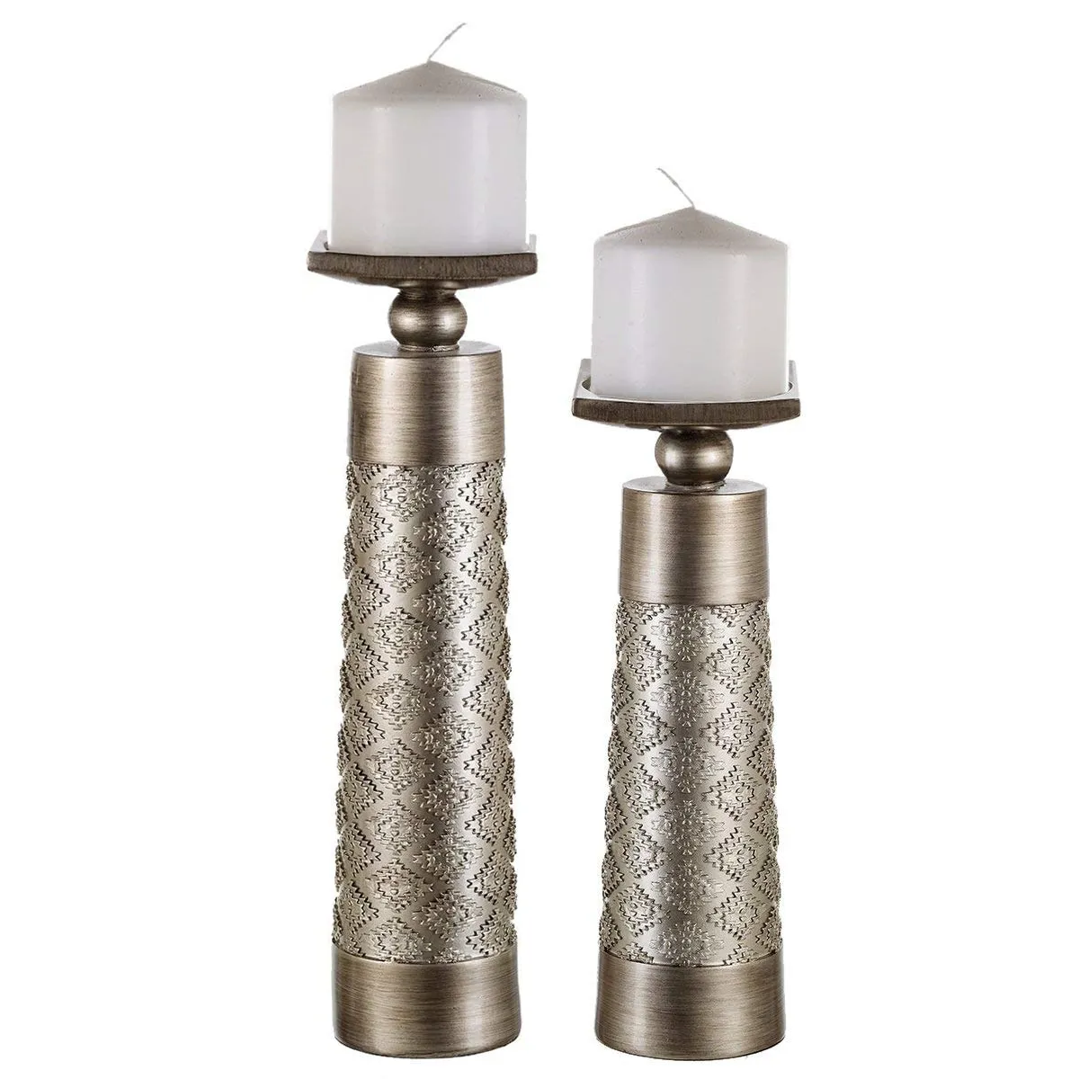 Dublin Decorative Candle Holder Set of 2 - Home Decor Pillar Candle Stand, Coffee Table Mantle Decor centerpieces for Fireplace, Living or Dining Room Table, Gift Boxed (Brushed Silver)