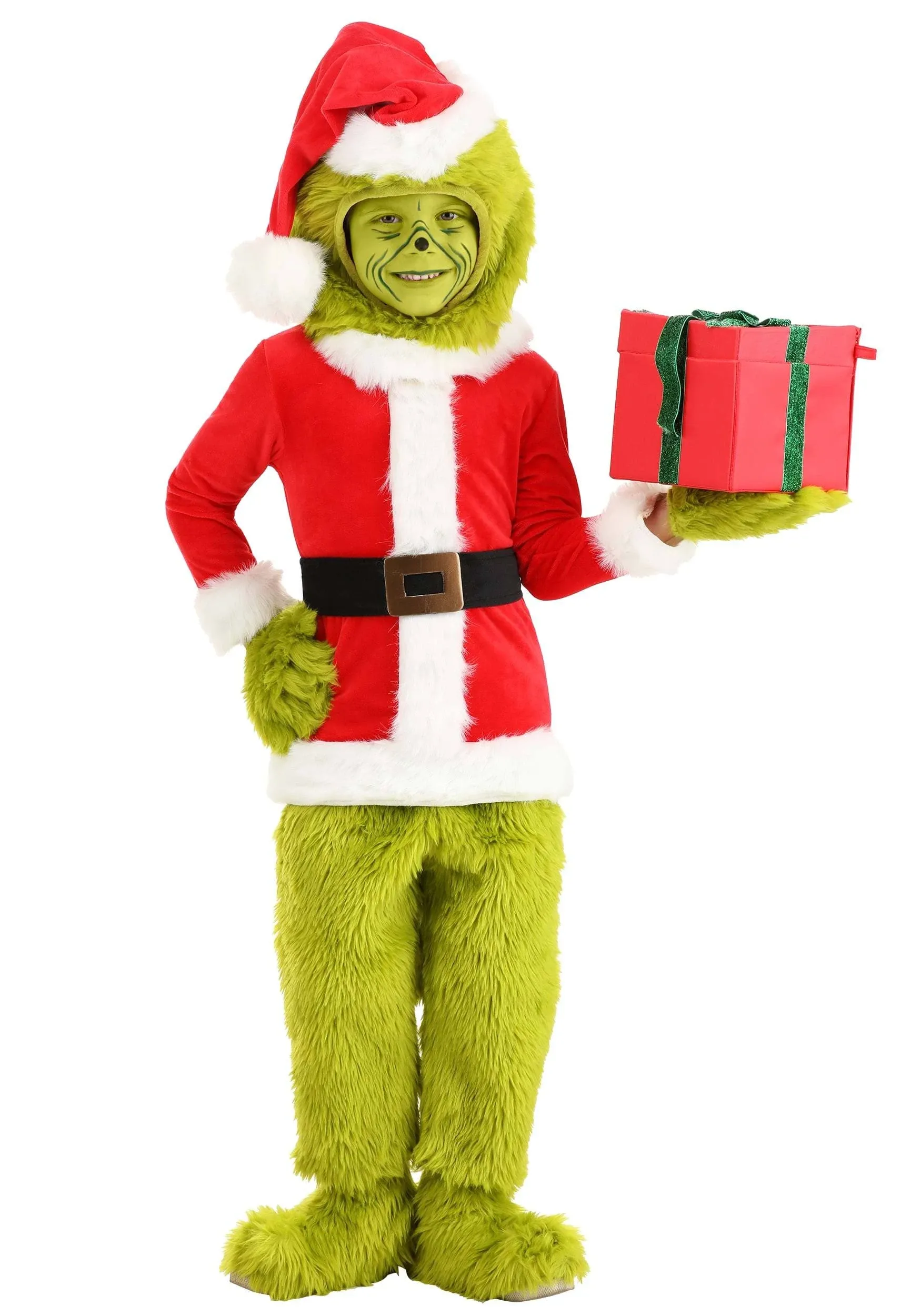 Dr. Seuss Grinch Santa Open Face Costume for Toddlers - Velour Tunic, Faux Fur Hood and Mitts