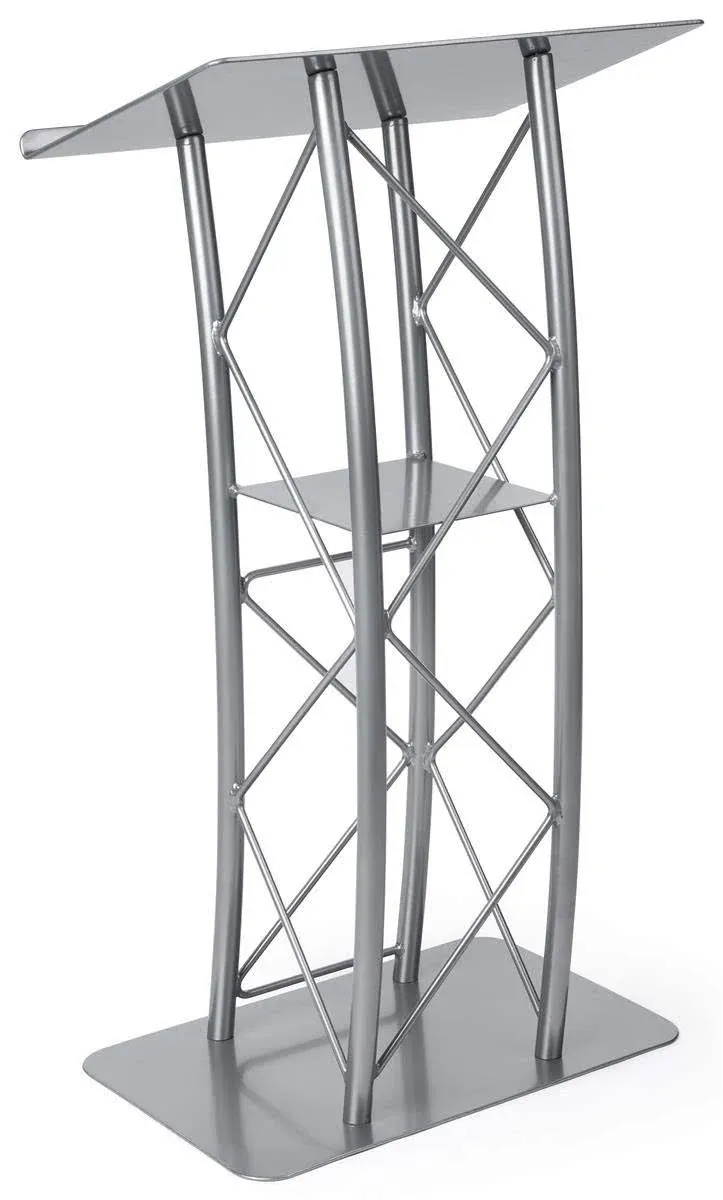 Silver Aluminum & Steel Truss Lectern with Curved Design and Built-in Shelf, 47 ...