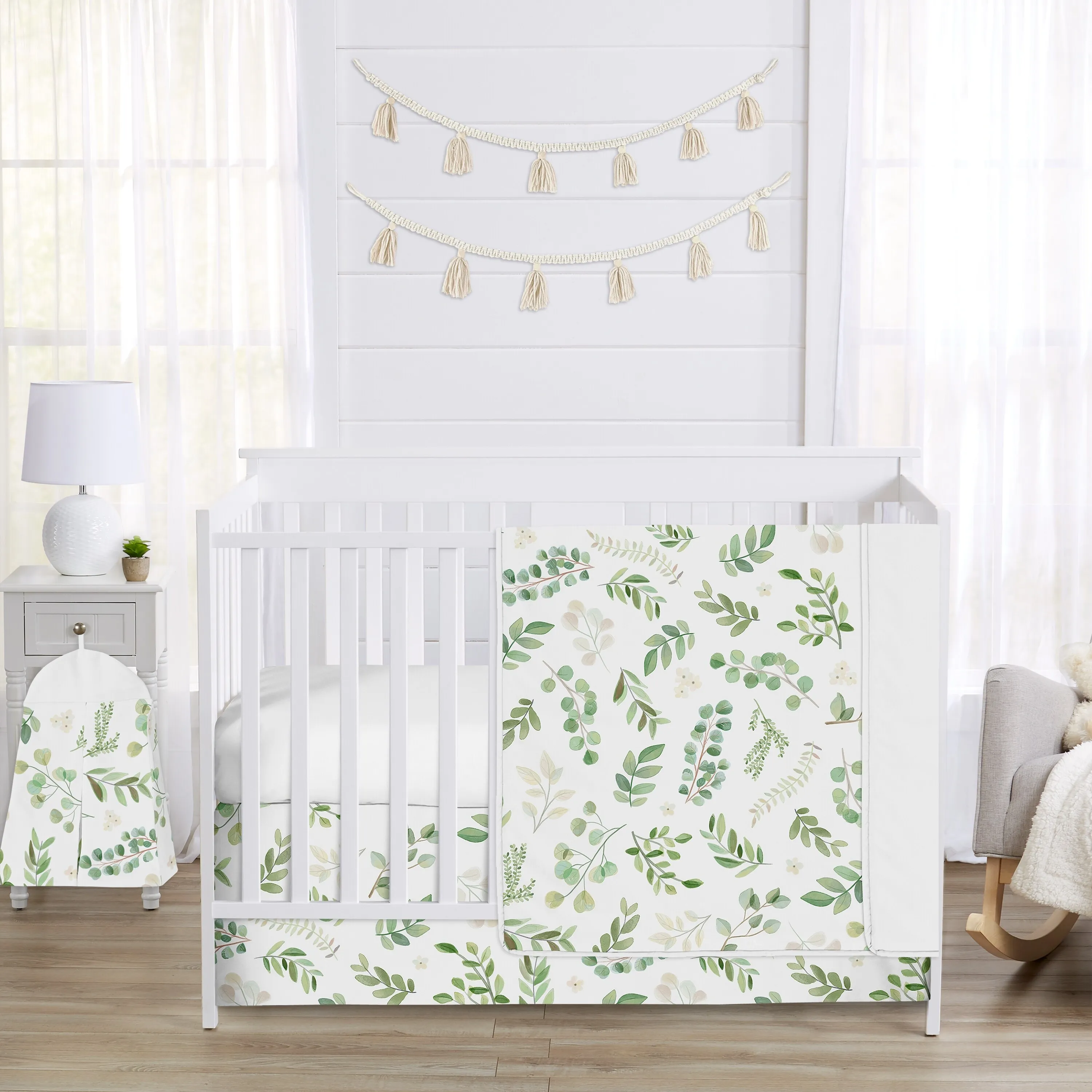 Floral Leaf Collection Girl 4pc Nursery Crib Bedding Set - Green White Boho Watercolor Botanical Woodland Tropical Garden